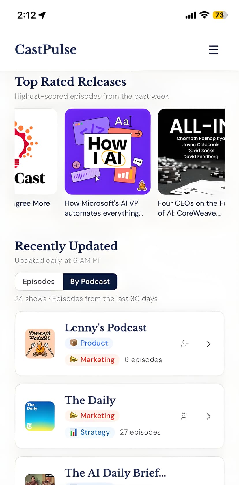 CastPulse app — home screen with top rated releases and podcast library